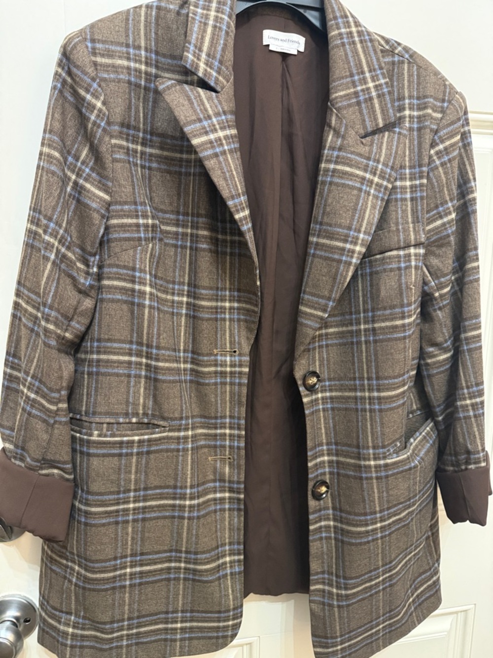 Lovers + Friends Plaid Brown/blue Oversized Blazer Jacket - Women's size small - Picture 3 of 16